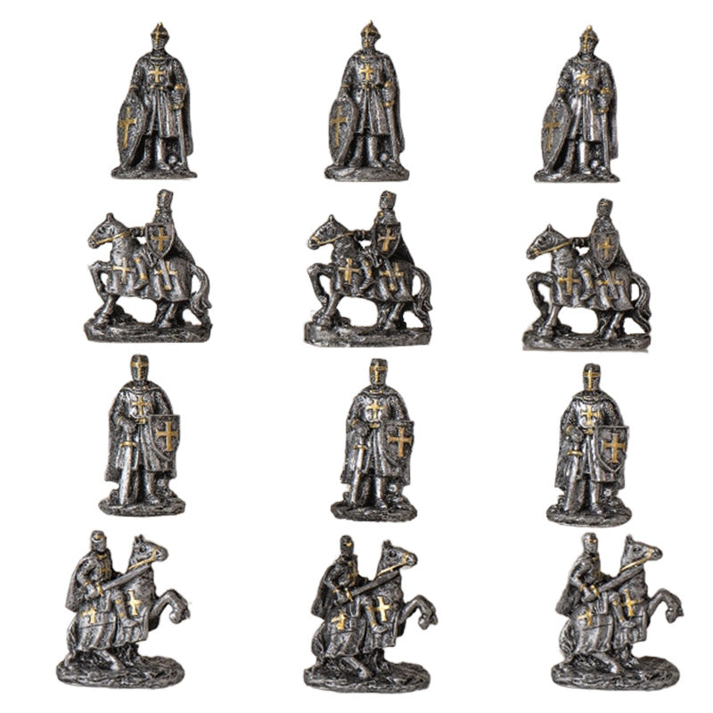 Set of 12 Medieval Crusader Knights With Swords Shields Horses Mini Figurines