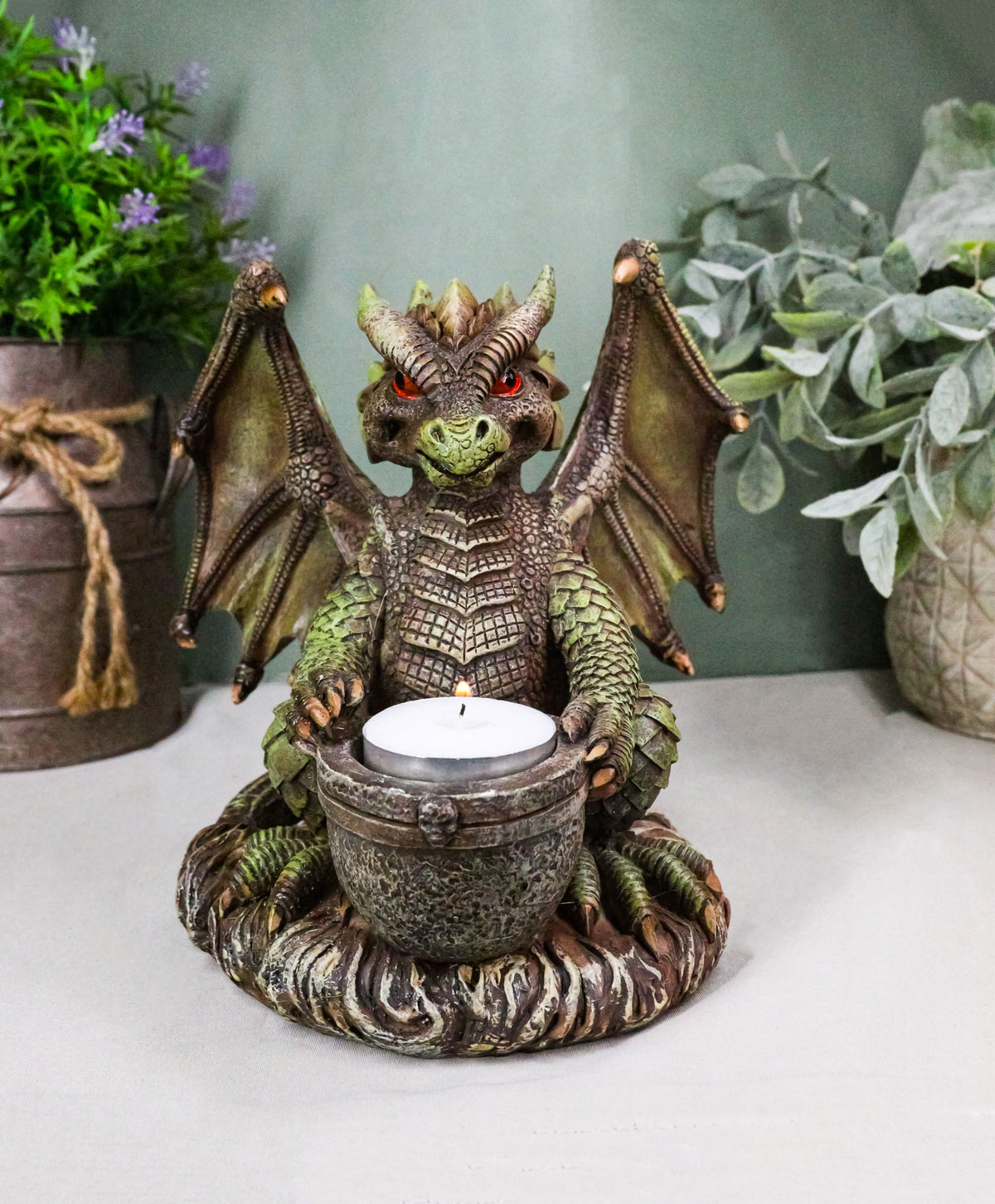 Earth Druid Dragon Holding Magic Cauldron Tea Light Candle Or Incense Holder
