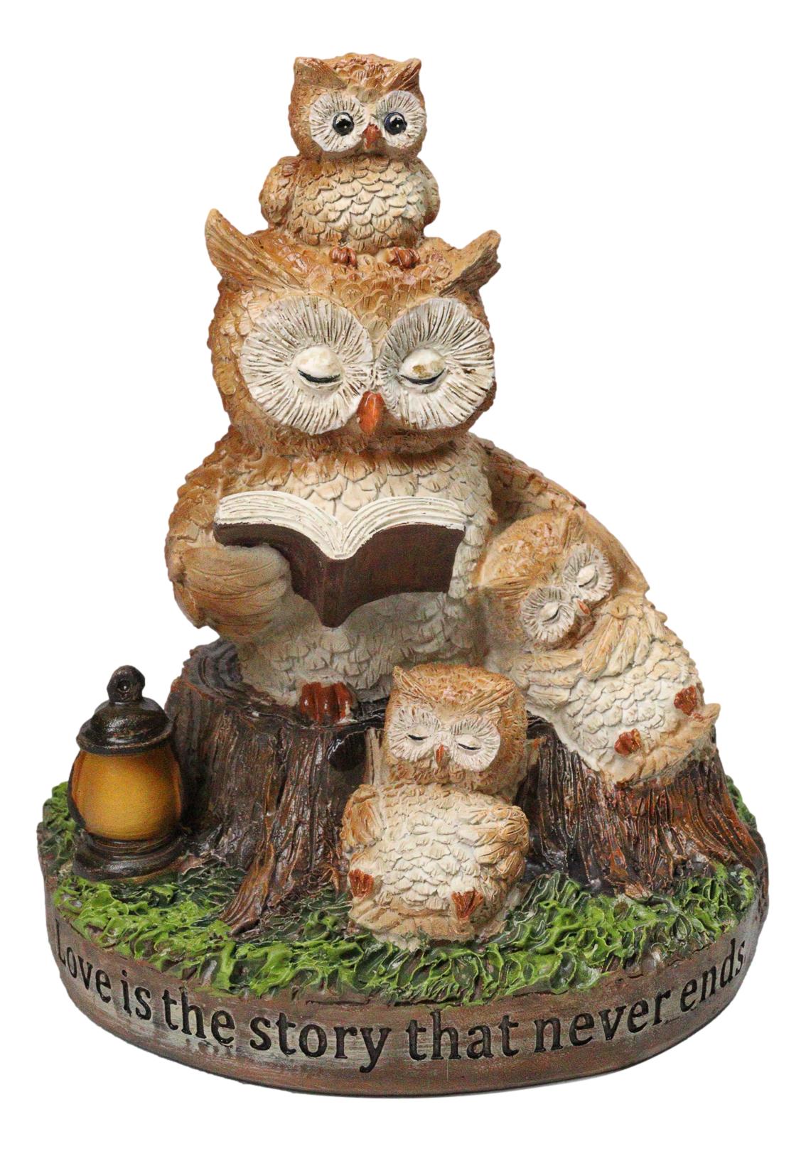 Bedtime Story Owl Mother & Owlets Figurine Owl Family Reading Book by Tree Stump