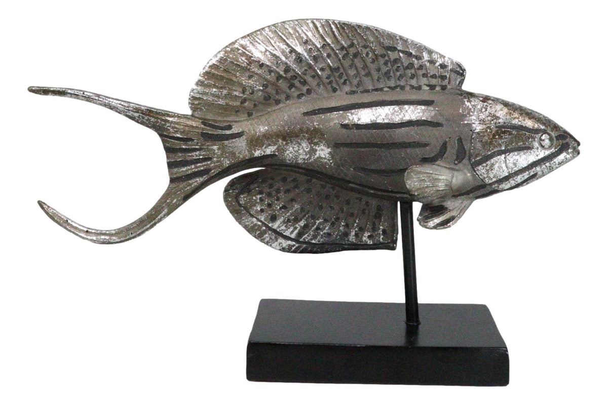 Nautical Marine Silver Tone Anthias Fish Sculpture With Museum Pole Stand Decor