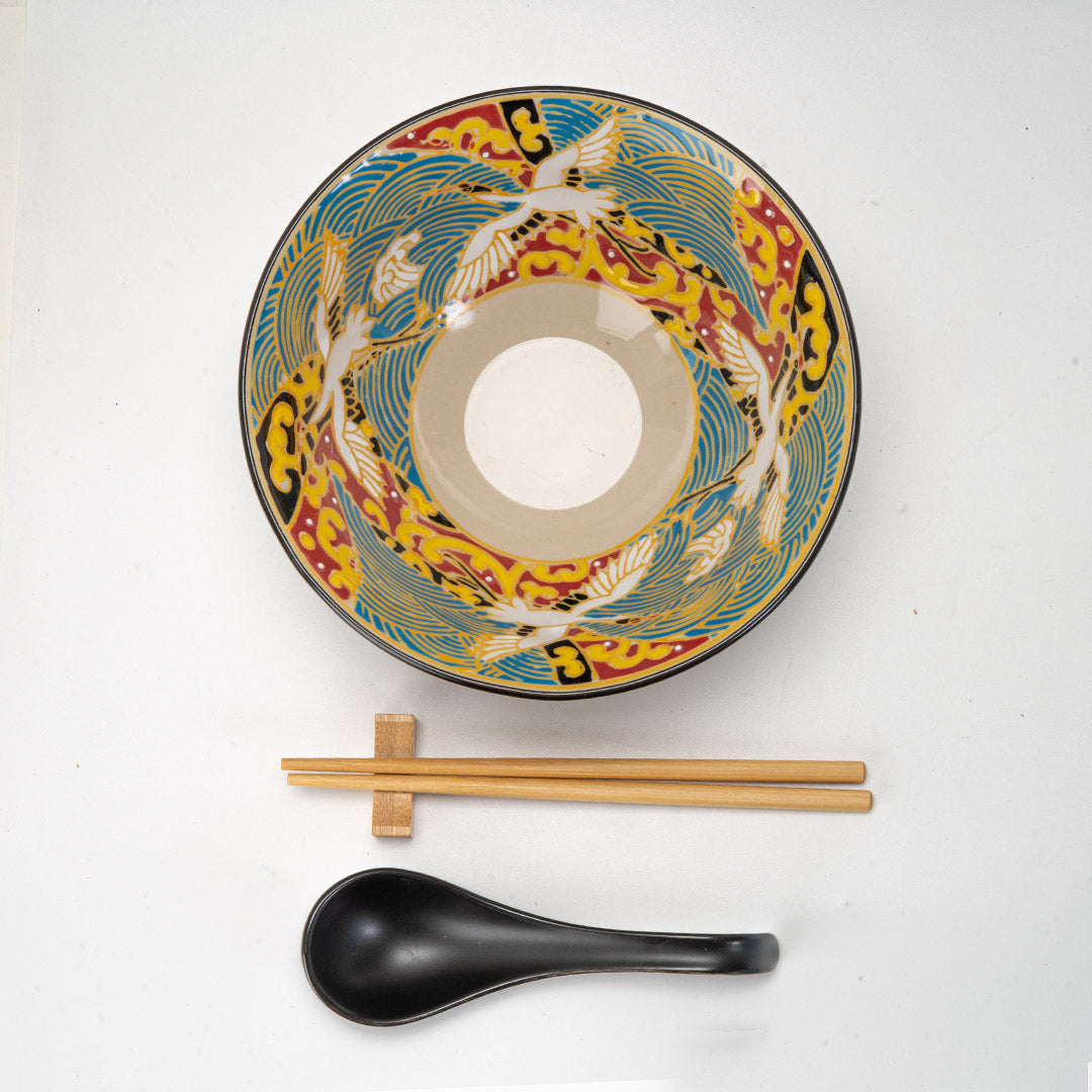 Japanese Crane Ceramic Ramen Rice Bowl With Soup Spoon Chopsticks And Rest Set