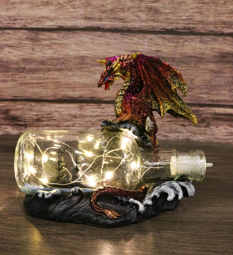 Red Gold Dragon On Ocean Waves Rock With Ship Trapped in LED Bottle Figurine