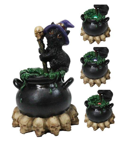 Witch Hat Black Cat Brewing Potion in LED Cauldron with Skulls Bonfire Figurine