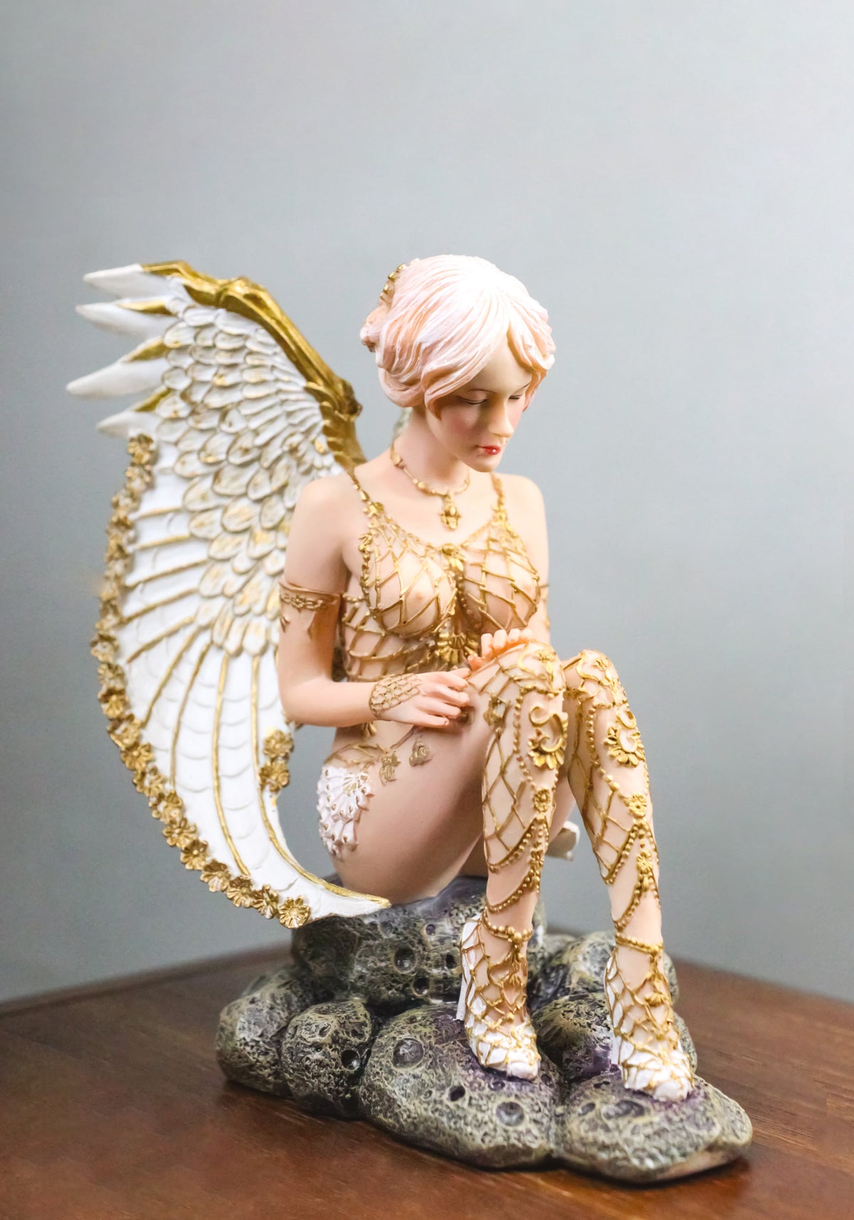 Victory Angel Winged Warrior Seraph With Golden Fish Net Outfit Figurine 6.25"H