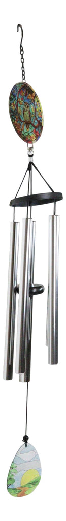 Mystical Great Horned Owl Colorful Art Glass Hanging Wind Chime With Metal Rods