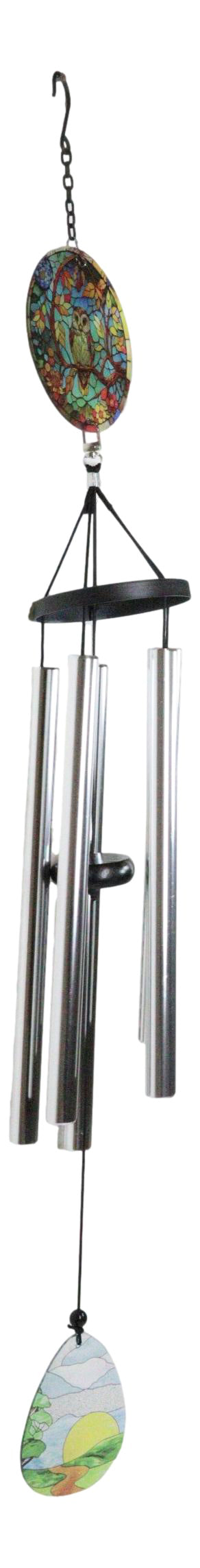 Mystical Great Horned Owl Colorful Art Glass Hanging Wind Chime With Metal Rods