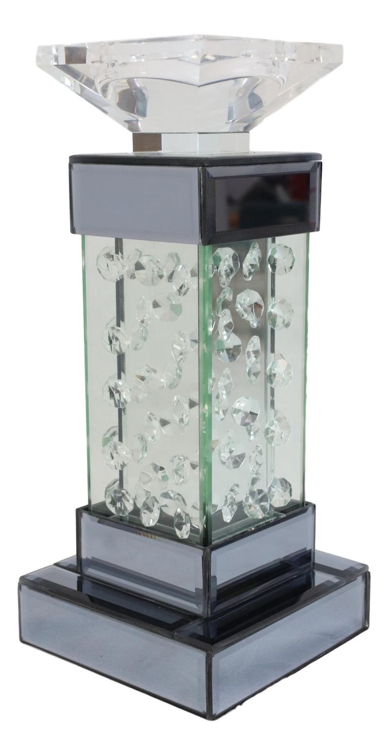 Modern Chic Beveled Floating Crystals Glass and Metal Pillar Candle Holder 11"H