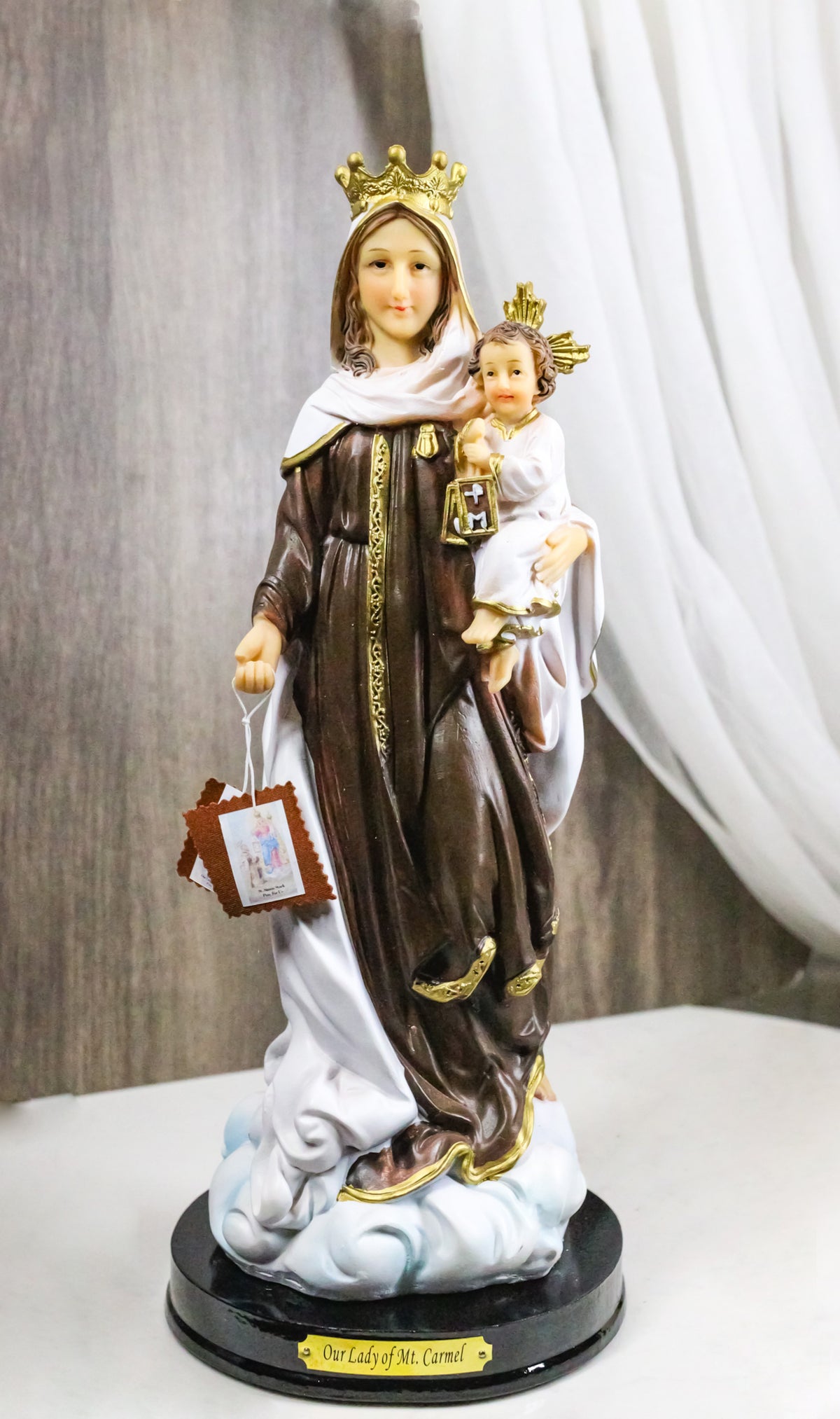 Catholic Our Lady of Mount Carmel Mary And Jesus Figurine With Name Base 12"H
