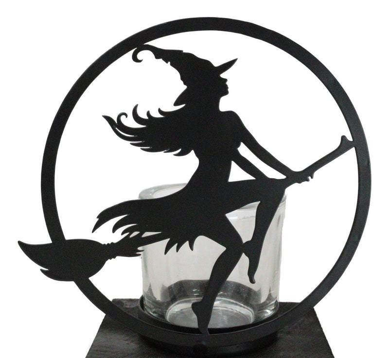 Wicca Grand High Witch Riding On Broomstick Coated Metal Votive Candle Holder
