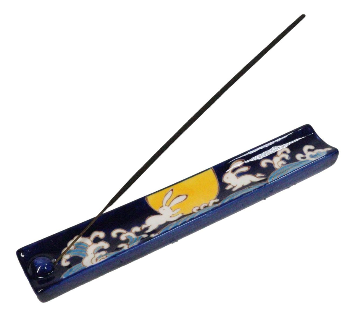 Ebros Moon Rabbit Blue Hand Painted Ceramic Incense Stick Holder Ash Catcher