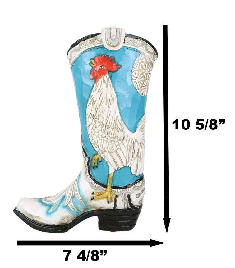 Rustic Western Blue Turquoise White Breasted Rooster Cowboy Boot Vase Figurine