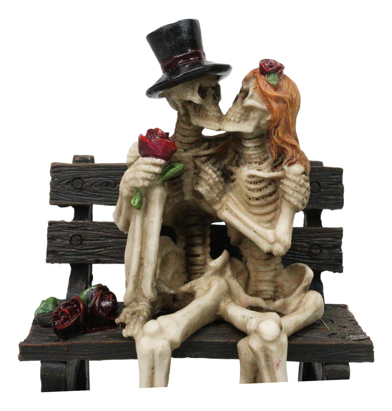 Skeleton Couple with Top Hat and Wig Sitting On Park Bench With Roses Figurine