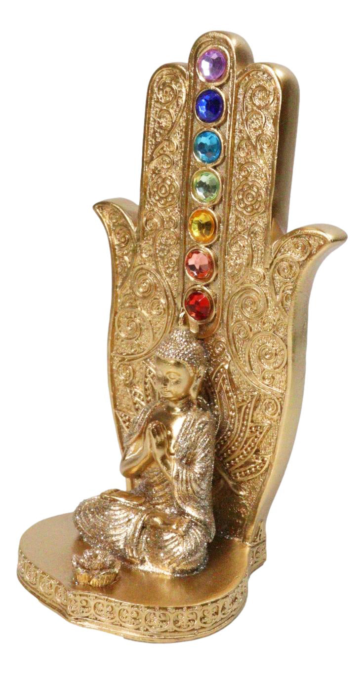 Golden Nirvana Hamsa Palm Buddha Rainbow Chakra Stones Incense Holder Figurine