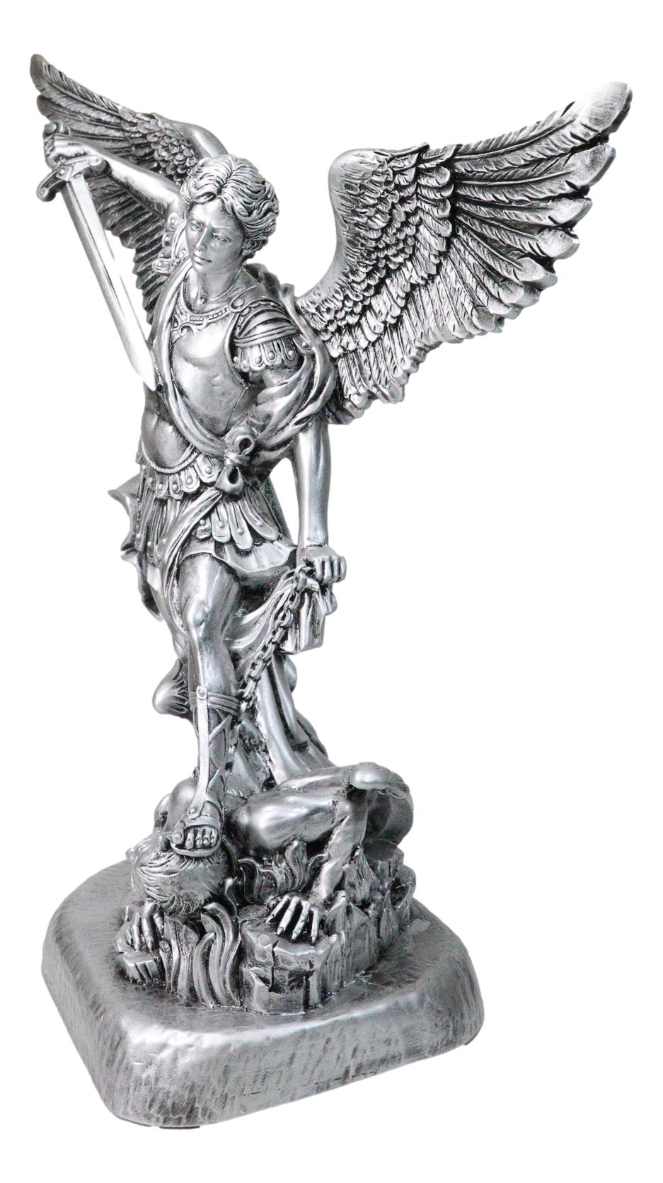 Italian Silver Archangel Saint Michael Trampling Satan With Sword Statue 16"H - Ebros Gift