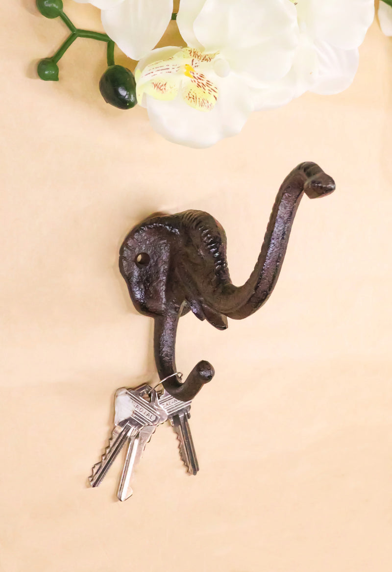 Pack Of 2 Rustic Cast Iron Safari Elephant Trunk Up Double Peg Wall Hook Hanger
