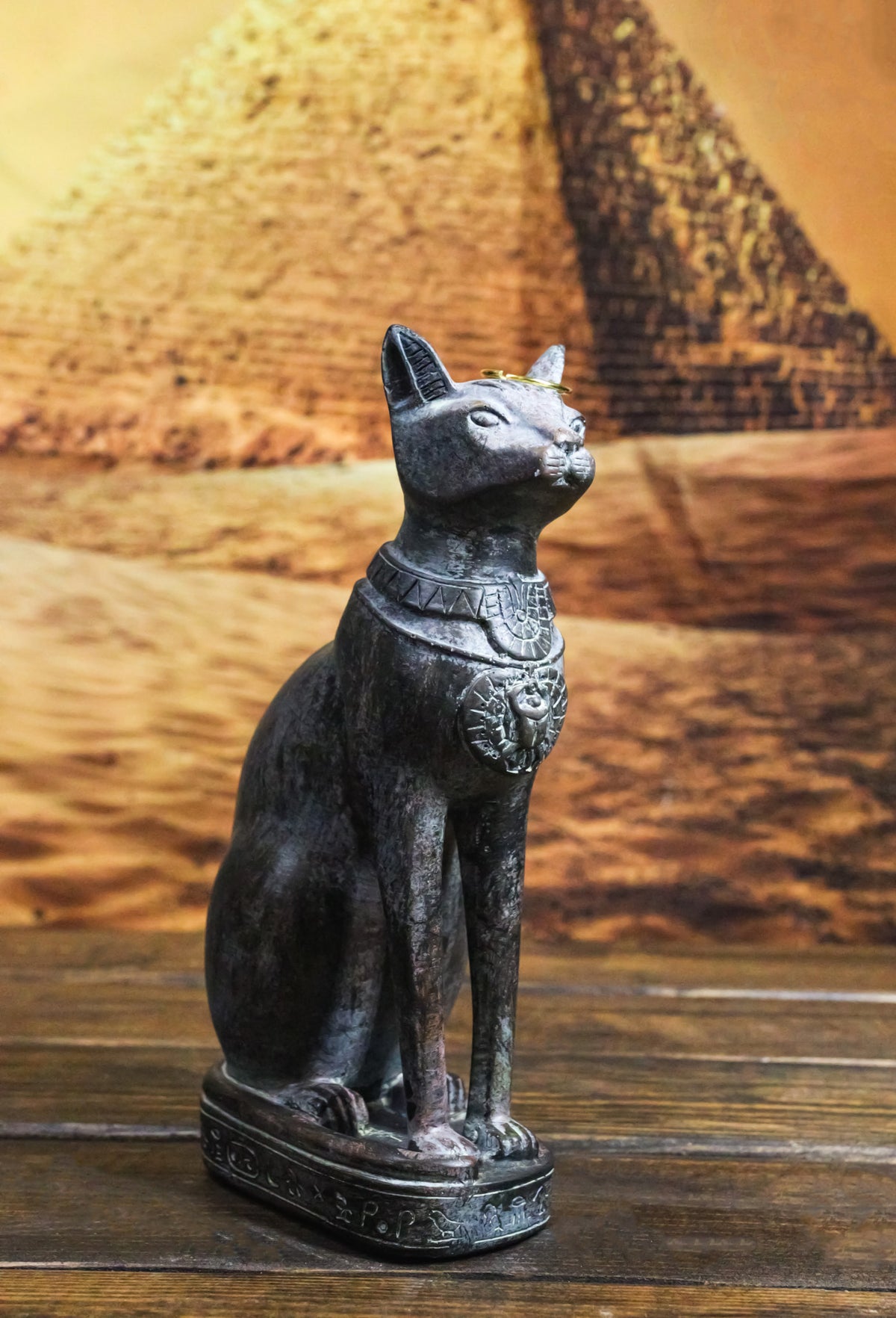 Ancient Egyptian Ubasti Bastet Cat Sitting in Royal Pose Faux Clay Figurine 7"H