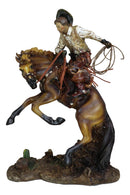 Rustic Western Cowboy With Hat And Rope On Rearing Bronco Horse Rodeo Figurine