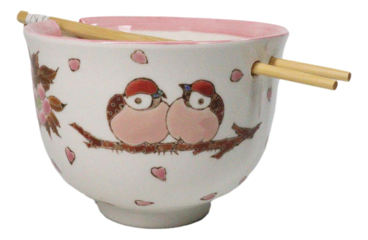 Twin Sparrows Cherry Blossom Ceramic Donburi Ramen Bowl With Chopsticks Set