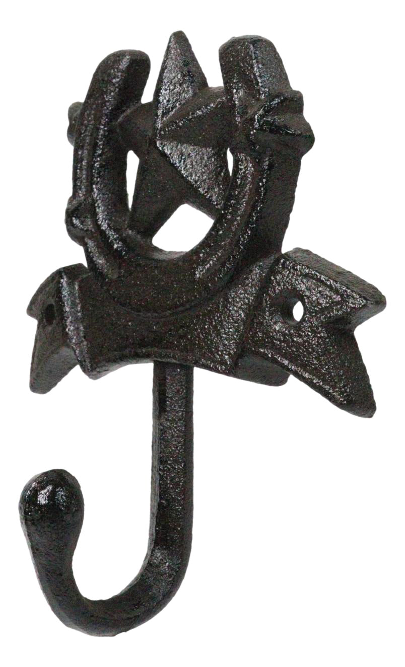 Set Of 2 Cast Iron Rustic Western Cowboy Lone Star Horseshoe Coat Hat Wall Hooks