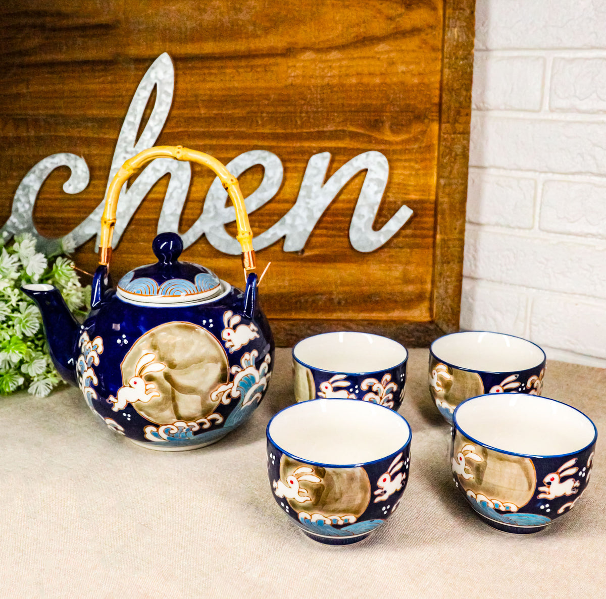 Blue Moon Rabbit Porcelain 30oz Teapot With Bamboo Handle And 4 Tea Cups Set