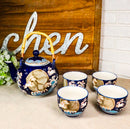 Blue Moon Rabbit Porcelain 30oz Teapot With Bamboo Handle And 4 Tea Cups Set