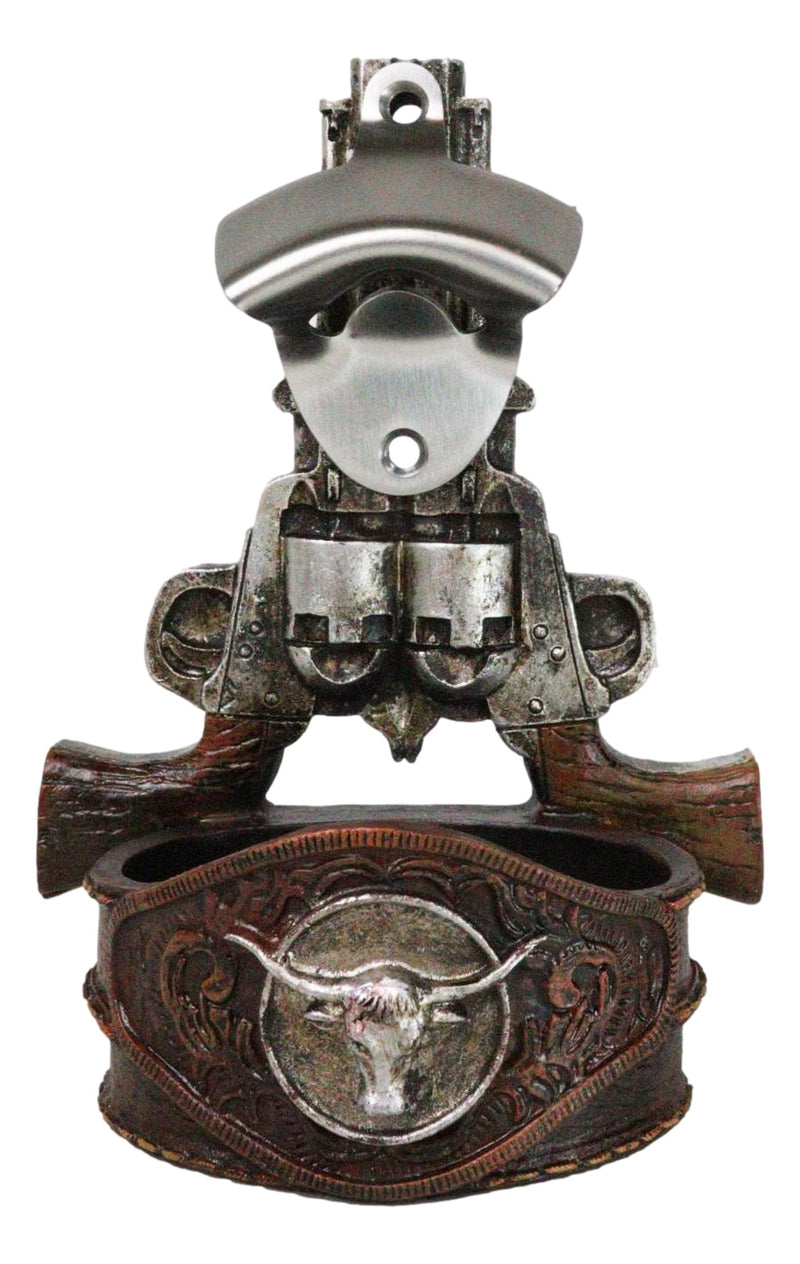 Western Cowboy 2 Gun Pistols Silver Texas Longhorn Concho Wall Bottle Cap Opener
