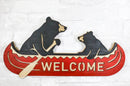 Rustic Father Bear With Cub Rowing Red Canoe Boat Welcome MDF Wall Decor Plaque