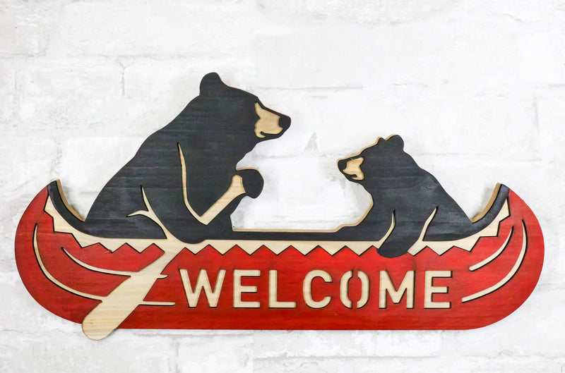 Rustic Father Bear With Cub Rowing Red Canoe Boat Welcome MDF Wall Decor Plaque