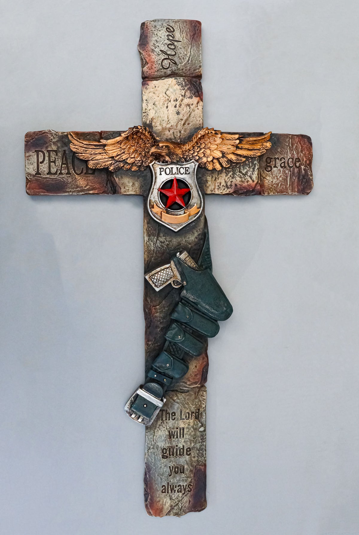 Large Men In Blue Police Officer Gun Eagle Badge Hope Grace Peace Wall Cross