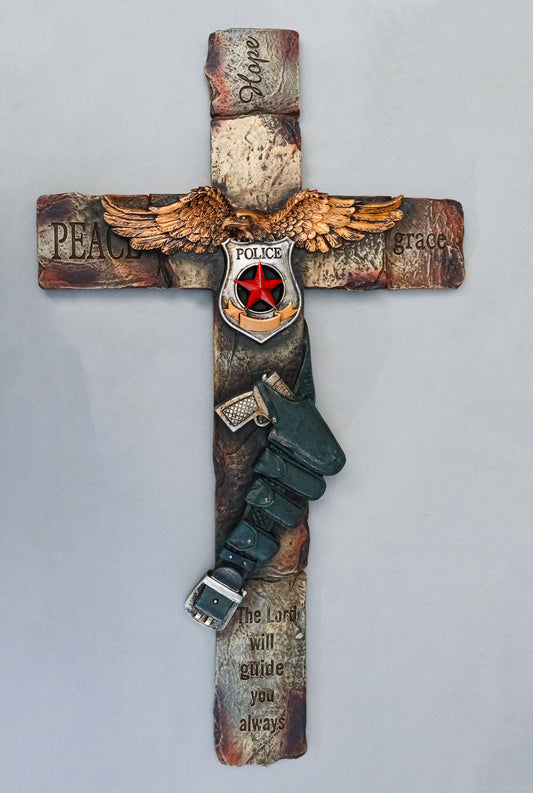 Large Men In Blue Police Officer Gun Eagle Badge Hope Grace Peace Wall Cross