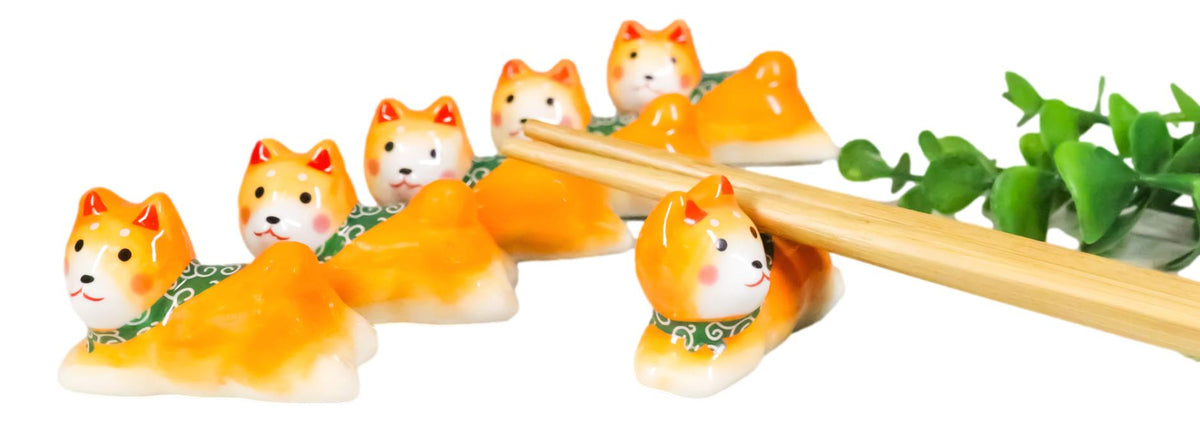 Tan Shiba Inu Dog Ceramic Chopstick Rests Set of 6 with Bamboo Chopsticks