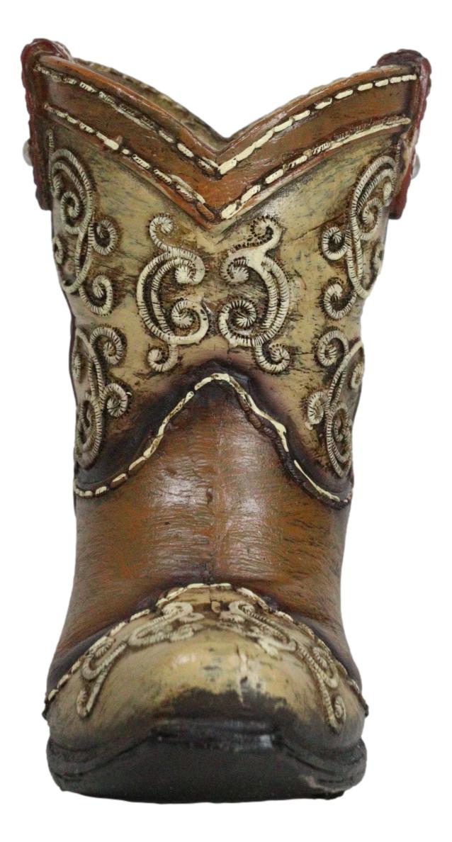 Rustic Western Cowboy Cowgirl Boot Faux Tooled Leather Scrollwork Pen Holder