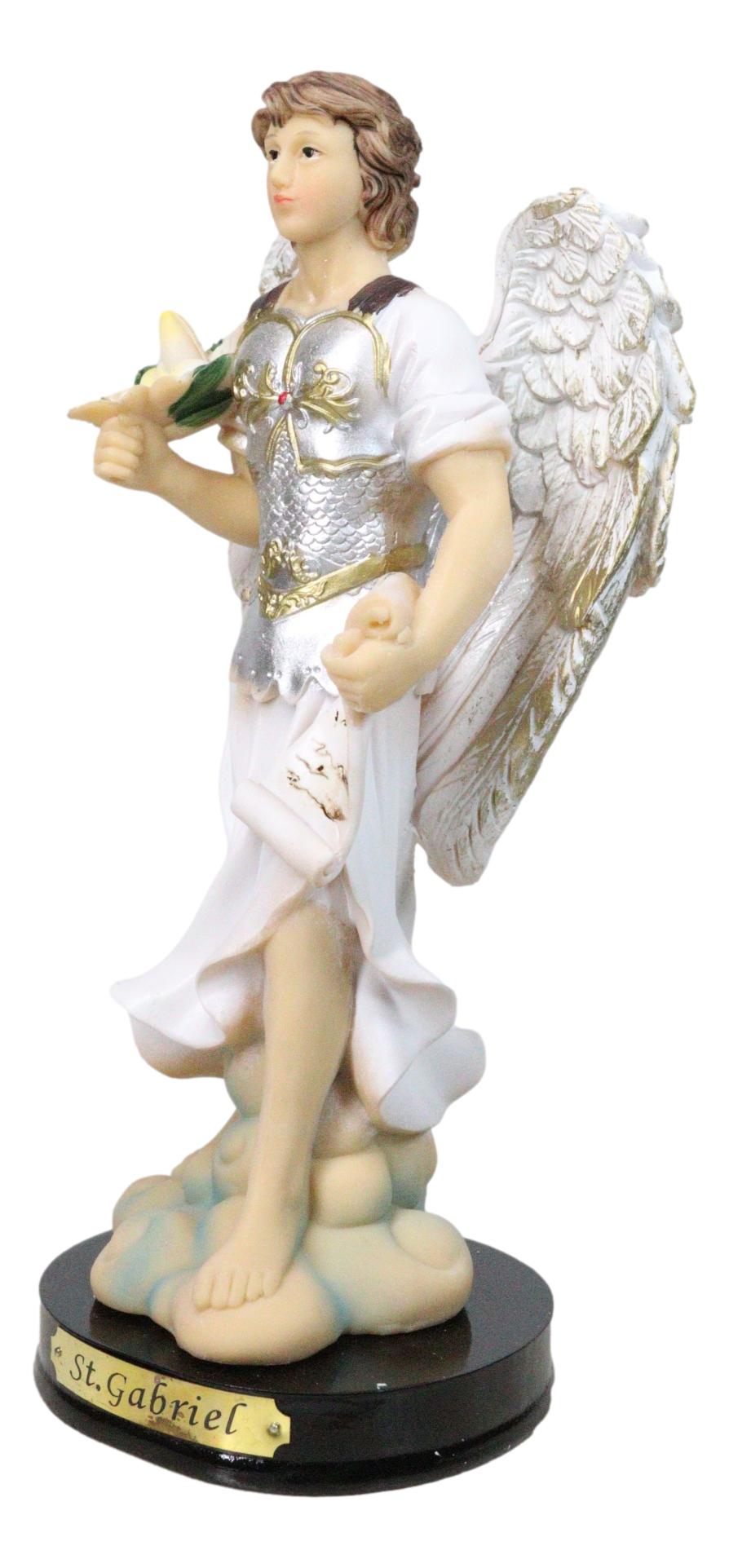 Archangel Saint Gabriel Holding Scroll and White Lotus Figurine With Base 8"H