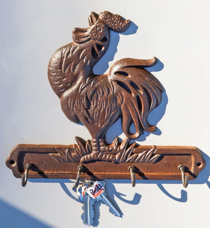 Cast Iron Rustic Farm Barn Crowing Rooster Chicken 4 Peg Quadruple