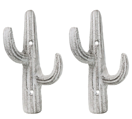 Pack of 2 Rustic Western Off White Metal Desert Saguaro Cactus 2-Pegs Wall Hooks