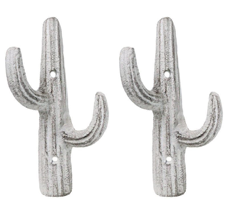 Pack of 2 Rustic Western Off White Metal Desert Saguaro Cactus 2-Pegs Wall Hooks