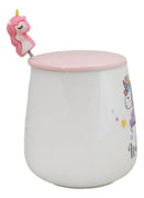 White Whimsical Crowned Unicorn Rainbow Shooting Star Mug With Spoon And Lid