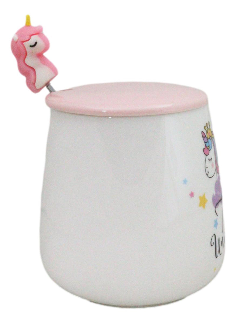 White Whimsical Crowned Unicorn Rainbow Shooting Star Mug With Spoon And Lid