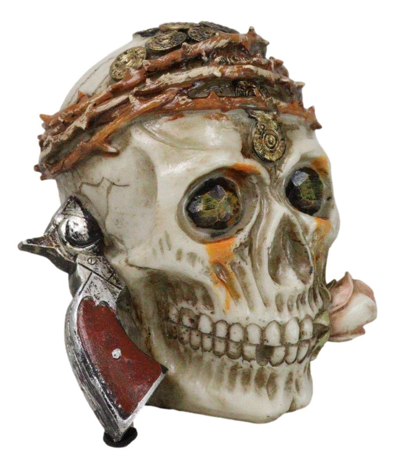 Macabre Pirate Captain Skull With Thorns Revolver Gun and Pink Rose Figurine