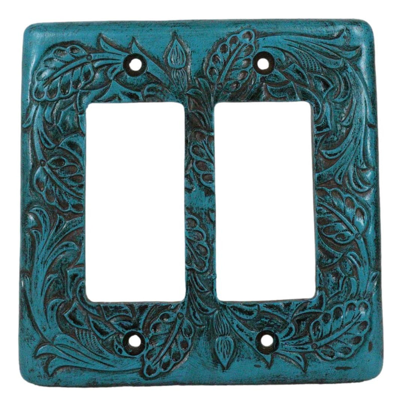 Set of 2 Western Tooled Floral Turquoise Wall Double Gang Rocker Switch Plates