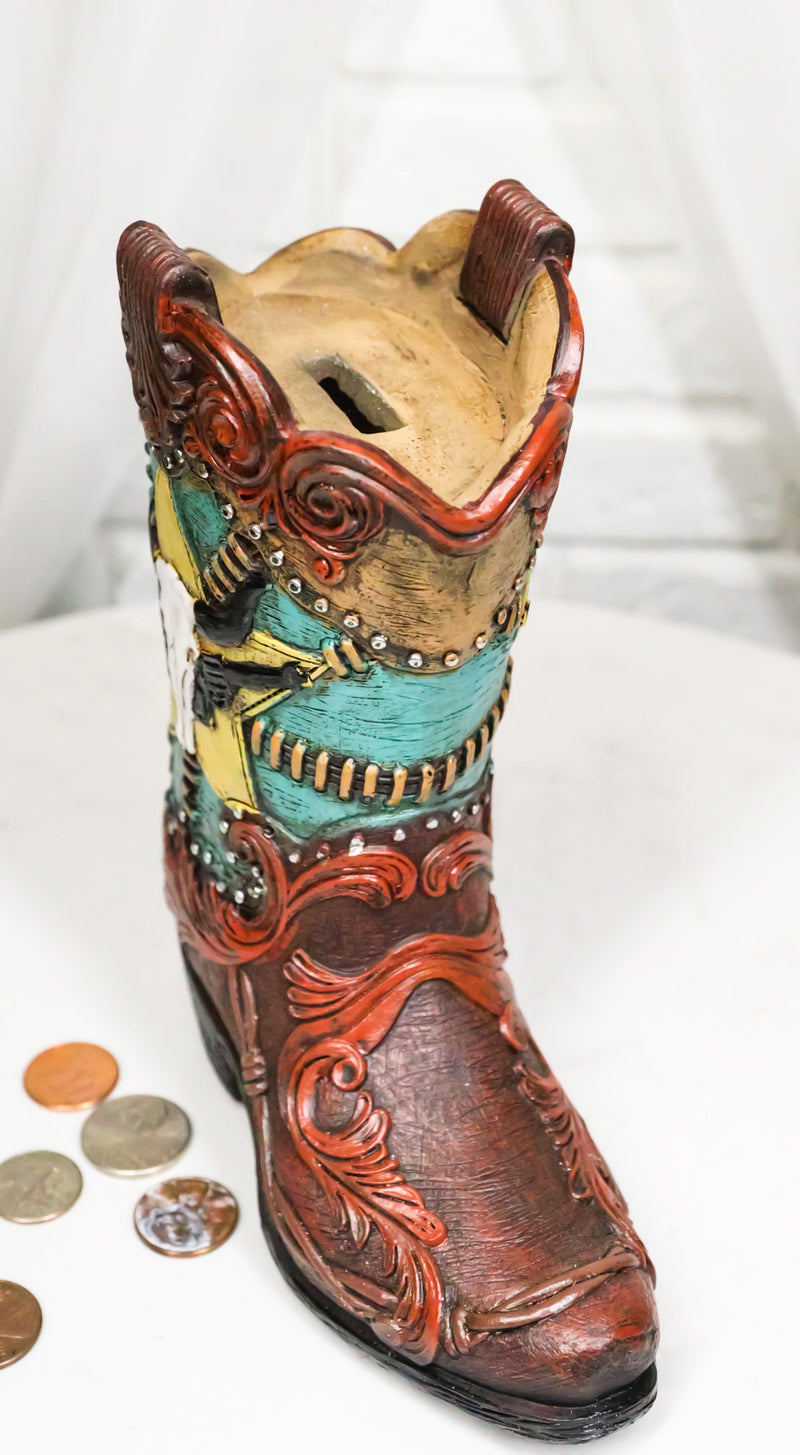 Western Star Texas Longhorn Colorful Faux Tooled Leather Cowboy Boot Money Bank