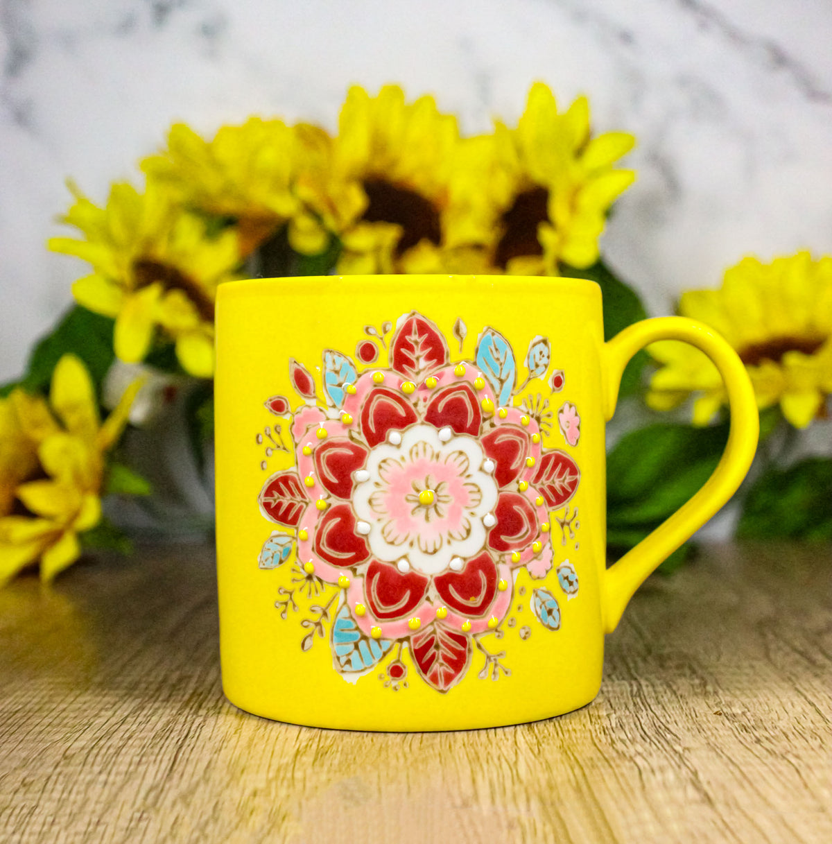 Yellow Manipura Navel Chakra Zen Flower Of Life Mandala Circle Ceramic Mug