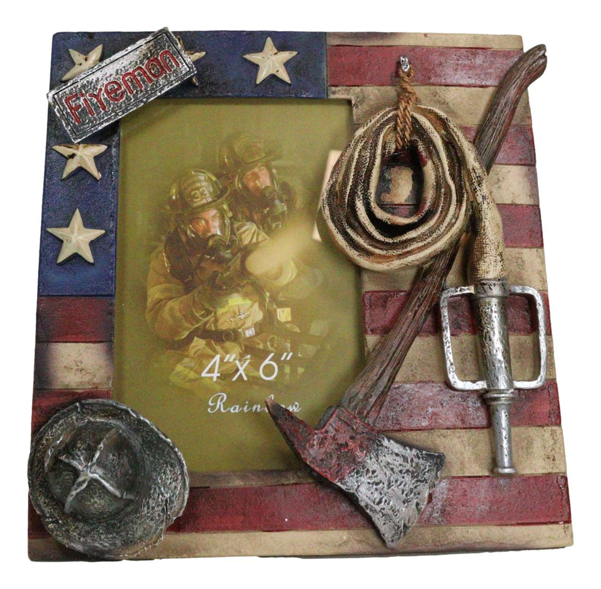 Patriotic Fire Department Fireman Helmet Hose Axe USA Flag 4"X6" Picture Frame