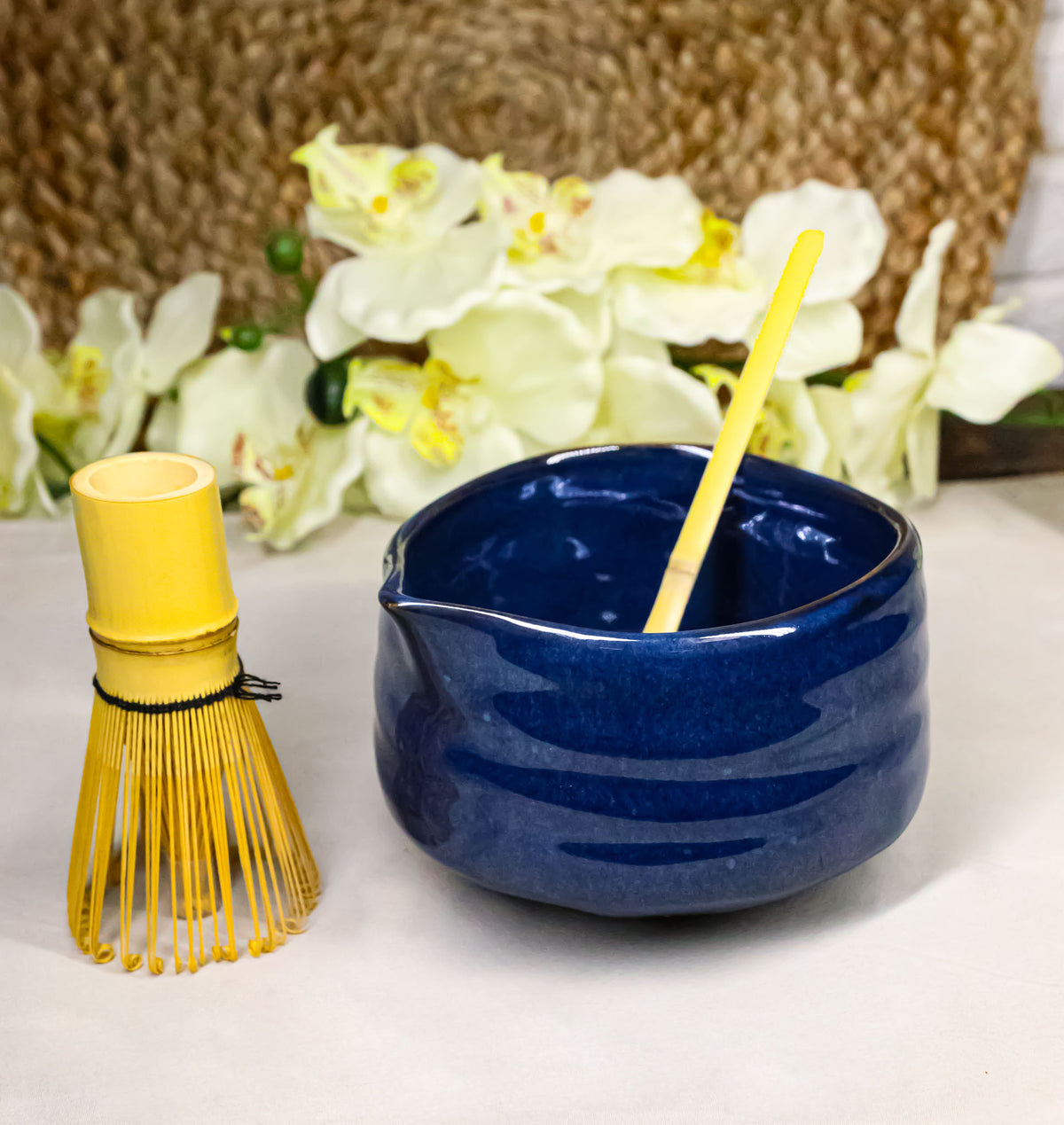 Glossy Navy Blue Ceramic Japanese Matcha Green Tea Bowl Whisk & Scoop Set
