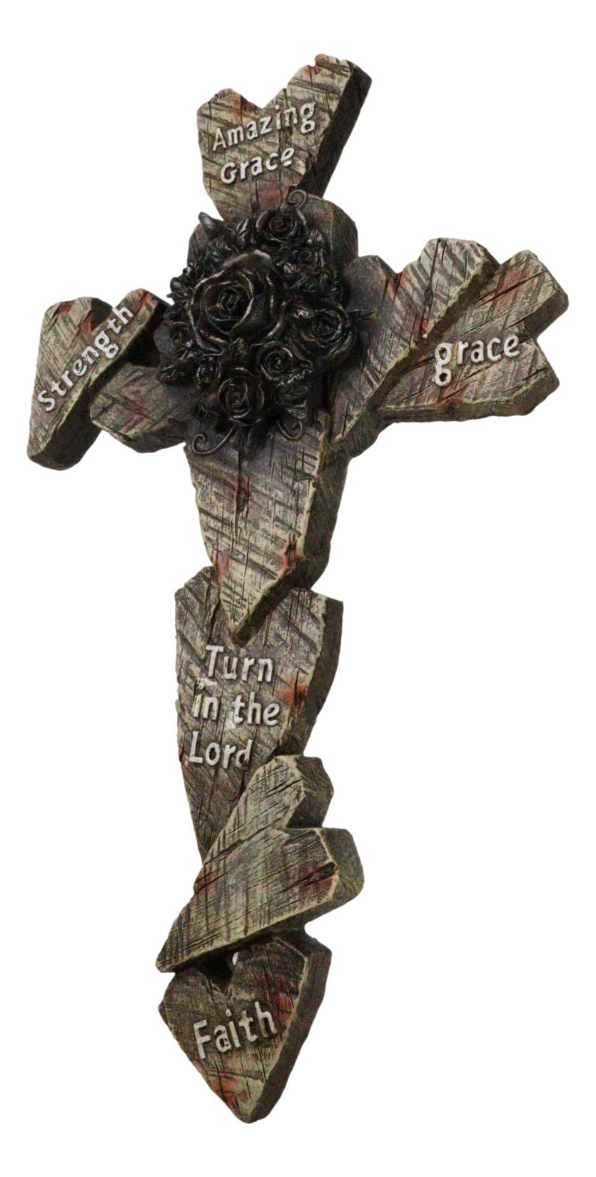 Rustic Amazing Grace Strength Faith Blooming Roses Faux Wood Hearts Wall Cross - Ebros Gift