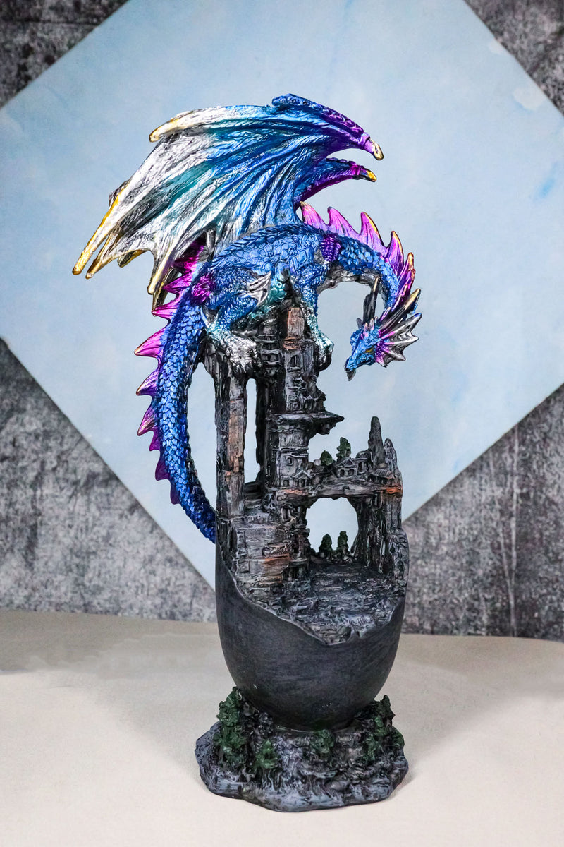 Medieval Blue Dragon Perching On Abandoned Castle Tower Ruins Figurine 12"H
