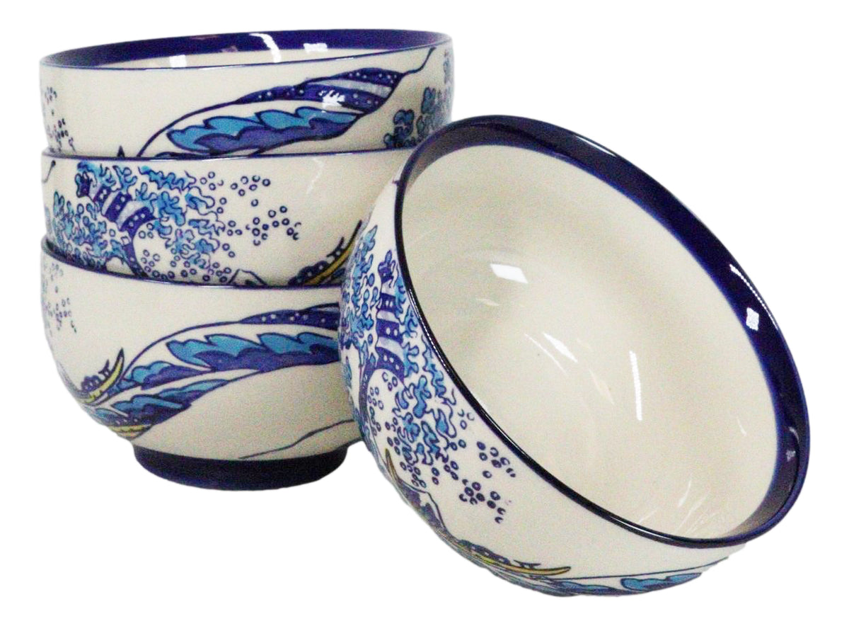 Pack Of 4 Blue Japanese Hokusai Great Wave Ceramic Soup Rice Salad Bowls 22oz
