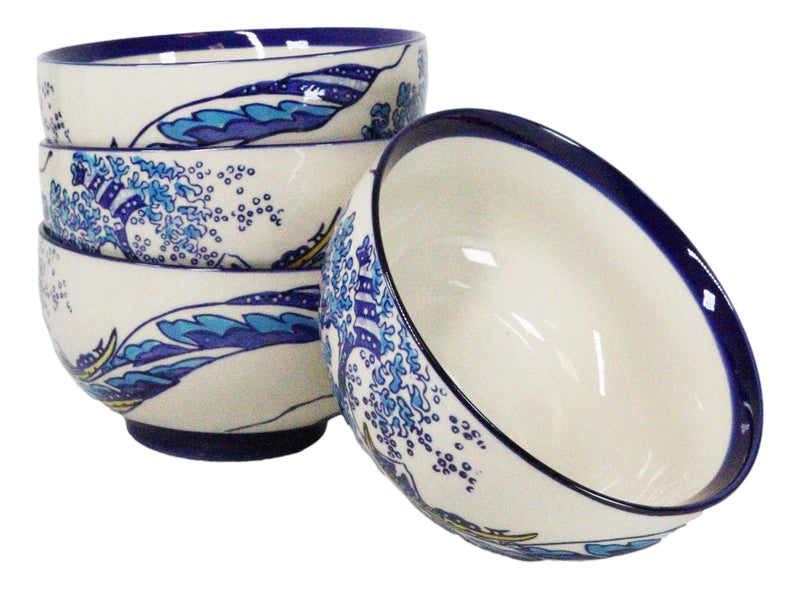 Pack Of 4 Blue Japanese Hokusai Great Wave Ceramic Soup Rice Salad Bowls 22oz