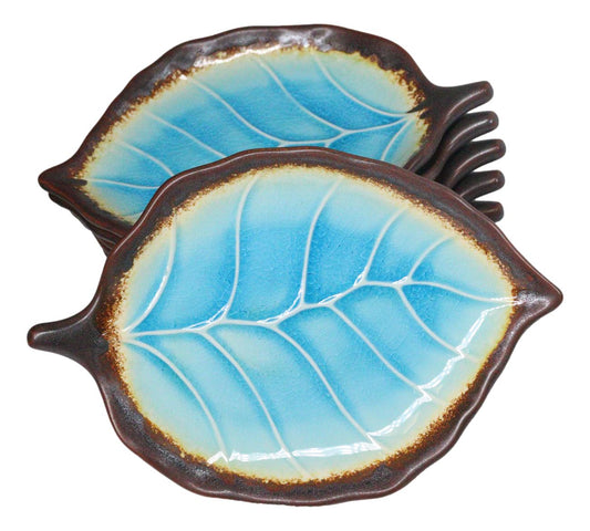 Pack Of 6 Blue Sky Aozora Kannyu Ceramic Leaf Shaped Appetizer Salad Plates