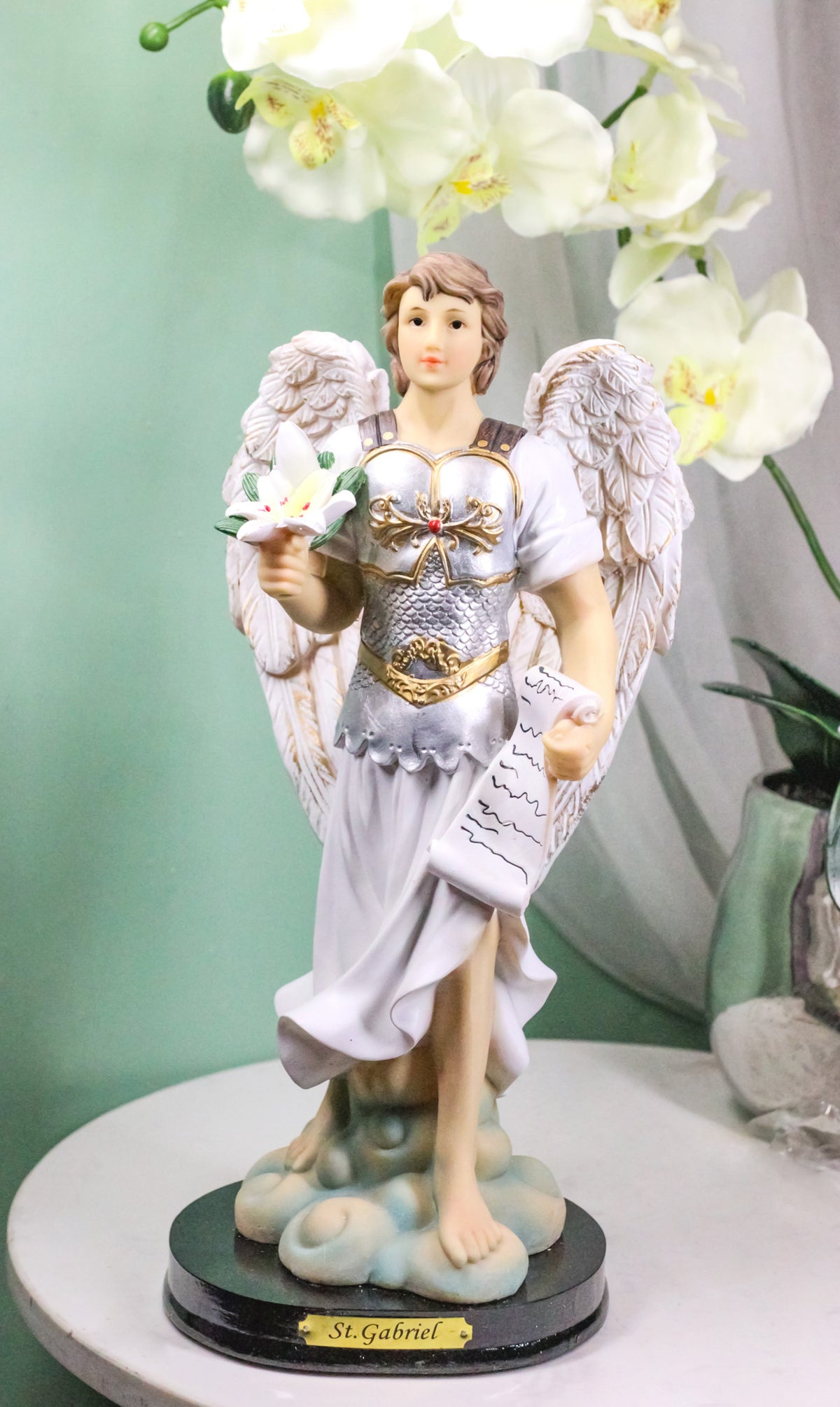 Archangel Saint Gabriel Holding Scroll and White Lotus Figurine With Base 12"H